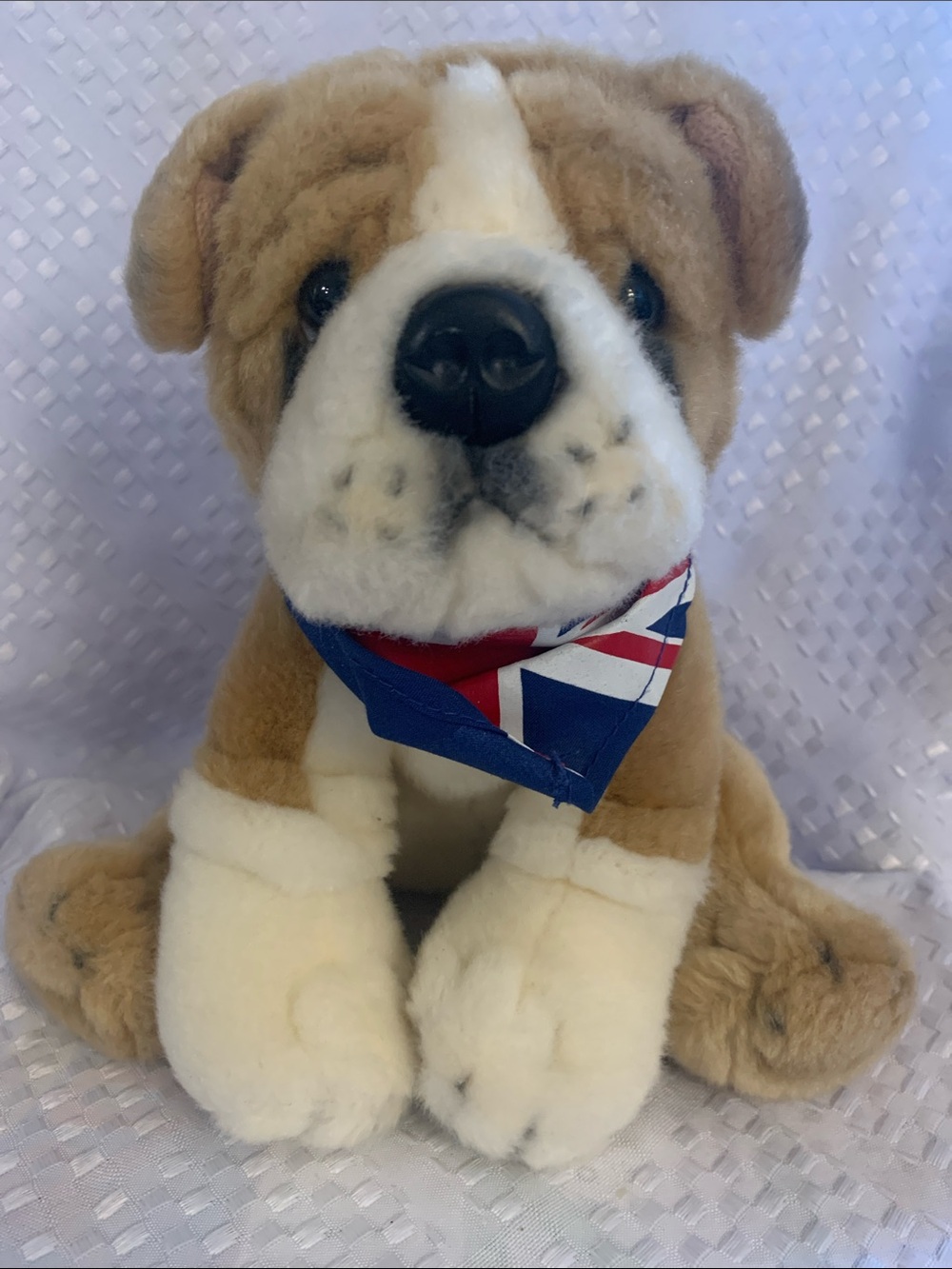 Keel Toys plush tan and white British Bulldog puppy with Union Jack Bandana.